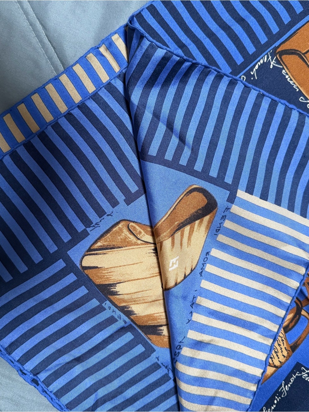 Fendi Blue Striped Silk Scarf with Tan Logo Tag - Picture 5 of 7